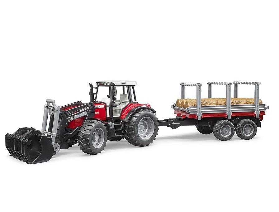 BRUDER TRATTORE MASSEY FERGUSON 7480 CON RIMORCHIO TRASPORTO TRONCHI 2046