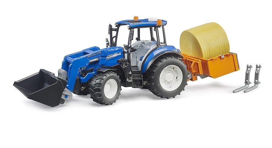 BRUDER TRATTORE NEW HOLLAND T5.120 CON CAR/FRONTALE - CASSONE - FORCHE E BALLE 02187
