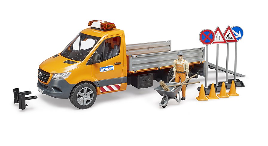 BRUDER MB SPRINTER LAVORI STRADALI CON PERSONAGGIO E ACCESSORI 02677