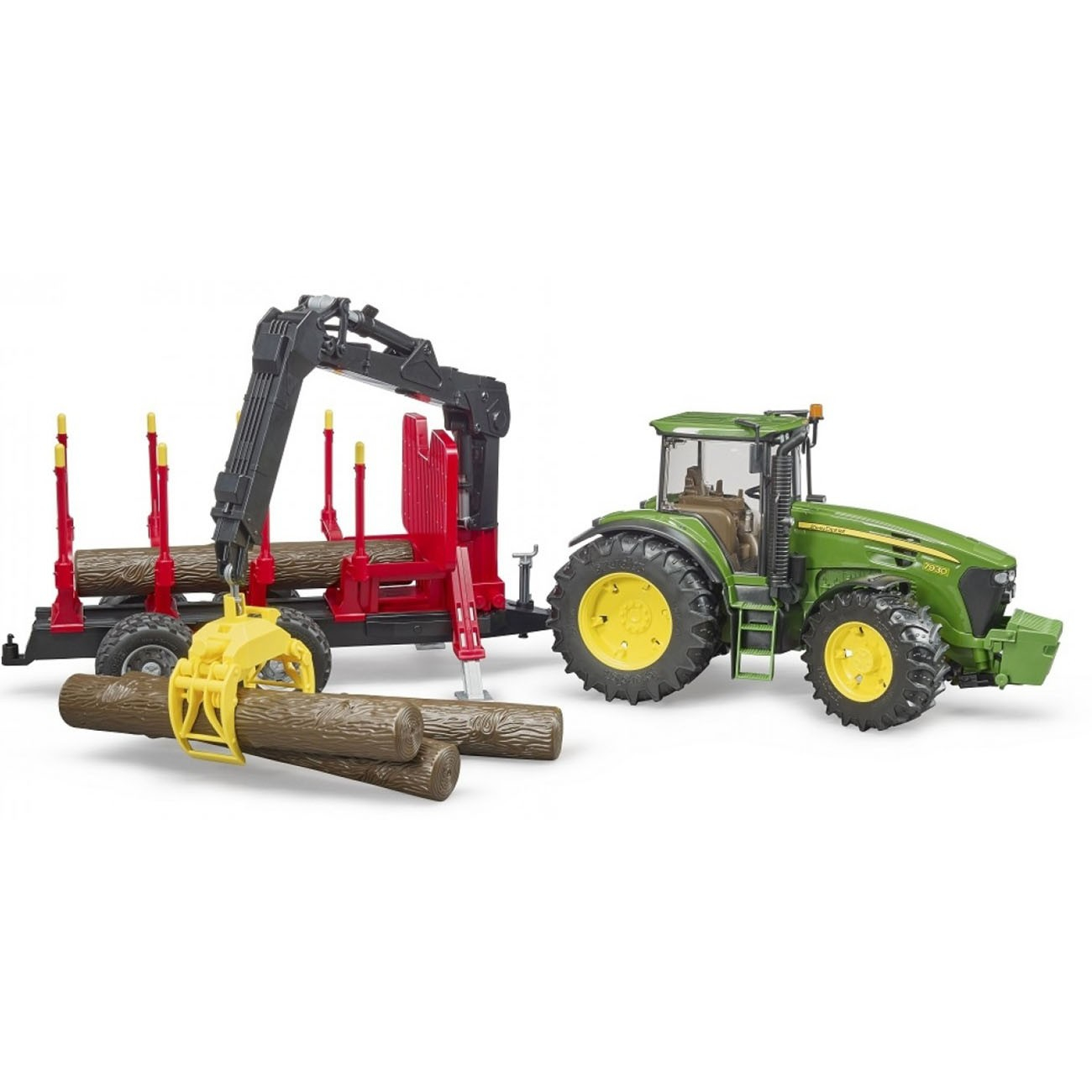 BRUDER TRATTORE JOHN DEERE 7930 CON BENNA E RIMORCHIO TRASPORTO TRONCHI  3054