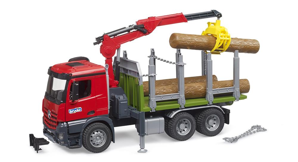 BRUDER CAMION TRASPORTO LEGNAME MB AROCS CON GRU DI CARICO, PINZA E 3  TRONCHI D'ALBERO 3669