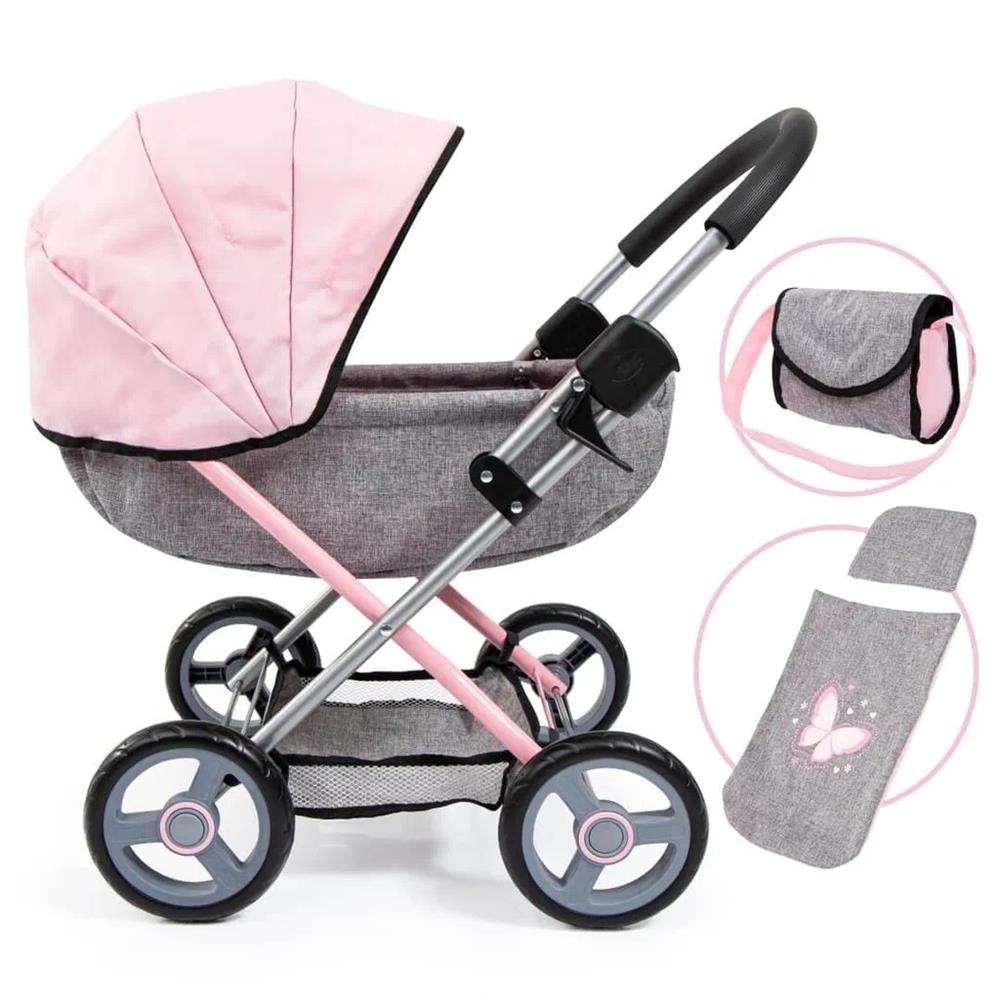 BAYER DESIGN PASSEGGINO PER BAMBOLE CON BORSA, CUSCINO E COPERTA, ROSA, GRIGIO 12733AA