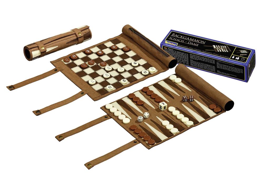 PHILOS SCACCHI BACKGAMMON GIOCO DI DAMA SET DA VIAGGIO IN SEMILPELLE 2801