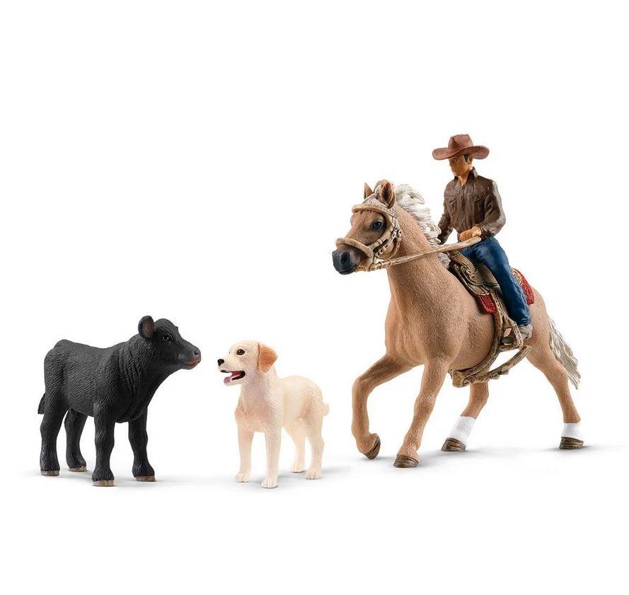 SCHLEICH EQUITAZIONE AMERICANA CON LABRADOR E VITELLO 42578